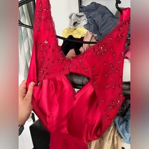 Red open back prom dress